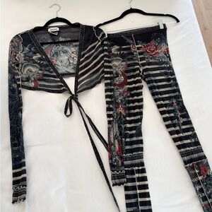 Jean Paul Gaultier Black and Gray Striped Jumpsuit with Red Accents